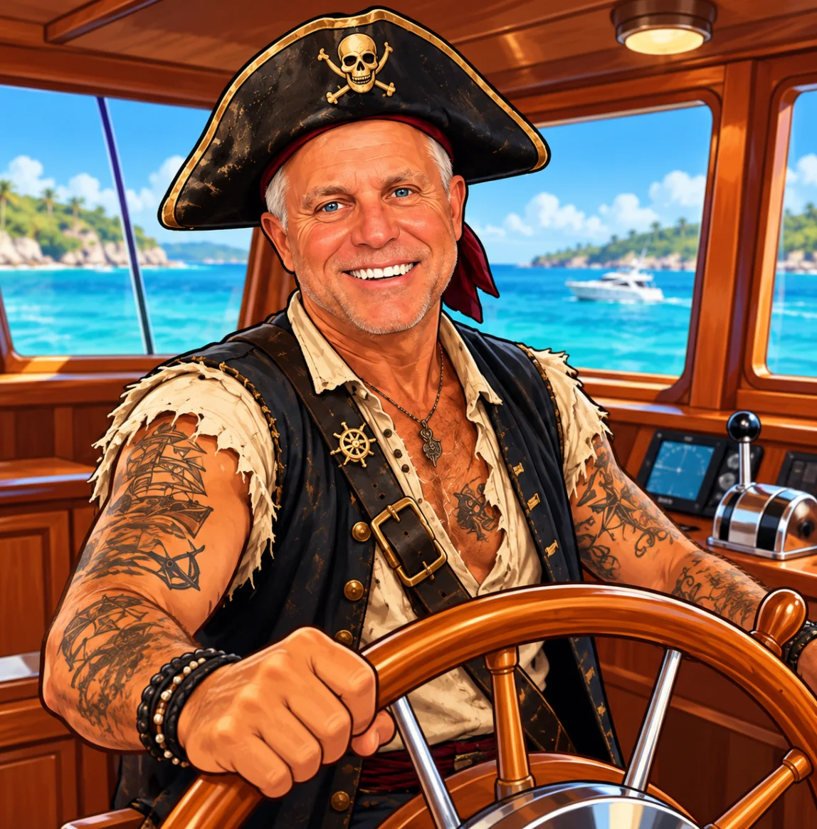 Captain Mack smiling at the helm