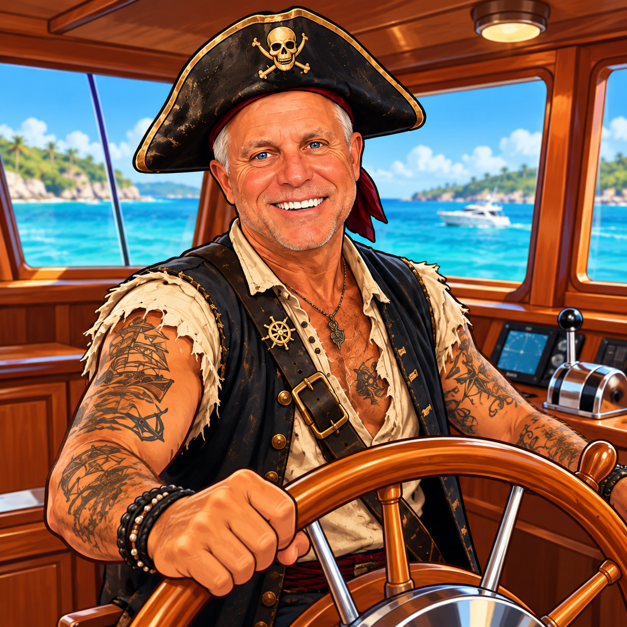 Captain Mack illustrated at the yacht helm