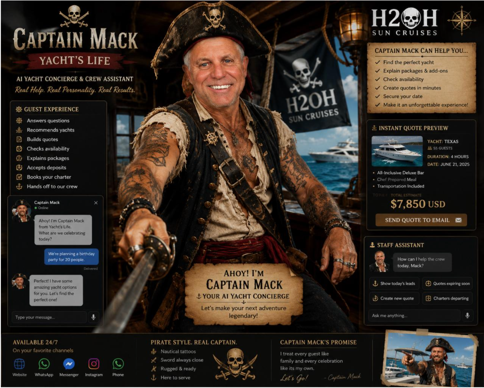 Captain Mack smiling in his pirate hat and rugged seafaring clothes