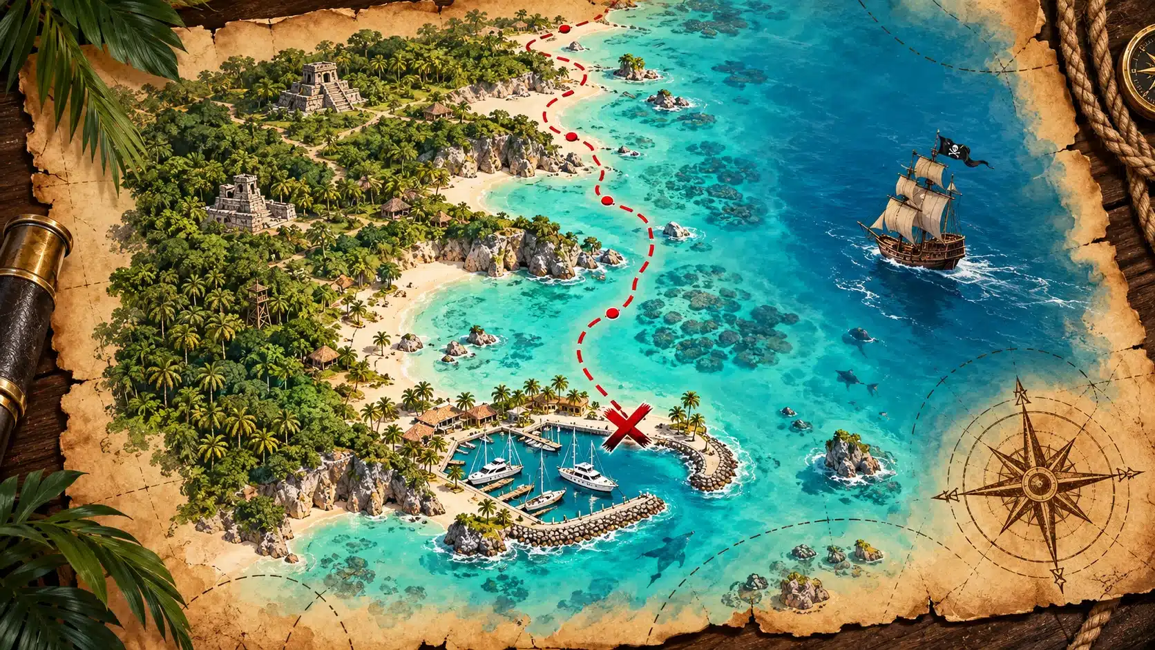 Illustrated pirate treasure map with an X at Puerto Aventuras Marina